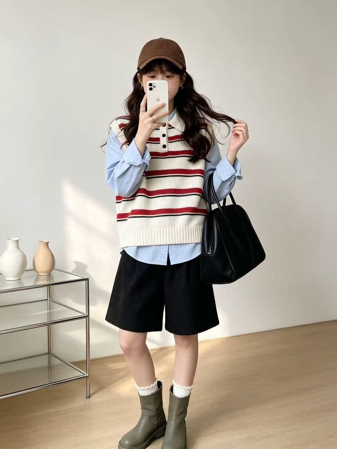 한 부서 미니멀리즘 스트라이프 뒤집다 리더쉽 단추 니트 베스트 부드러운 배색 민소매 어깨 조끼 가을 겨울 새로운 이미지 2