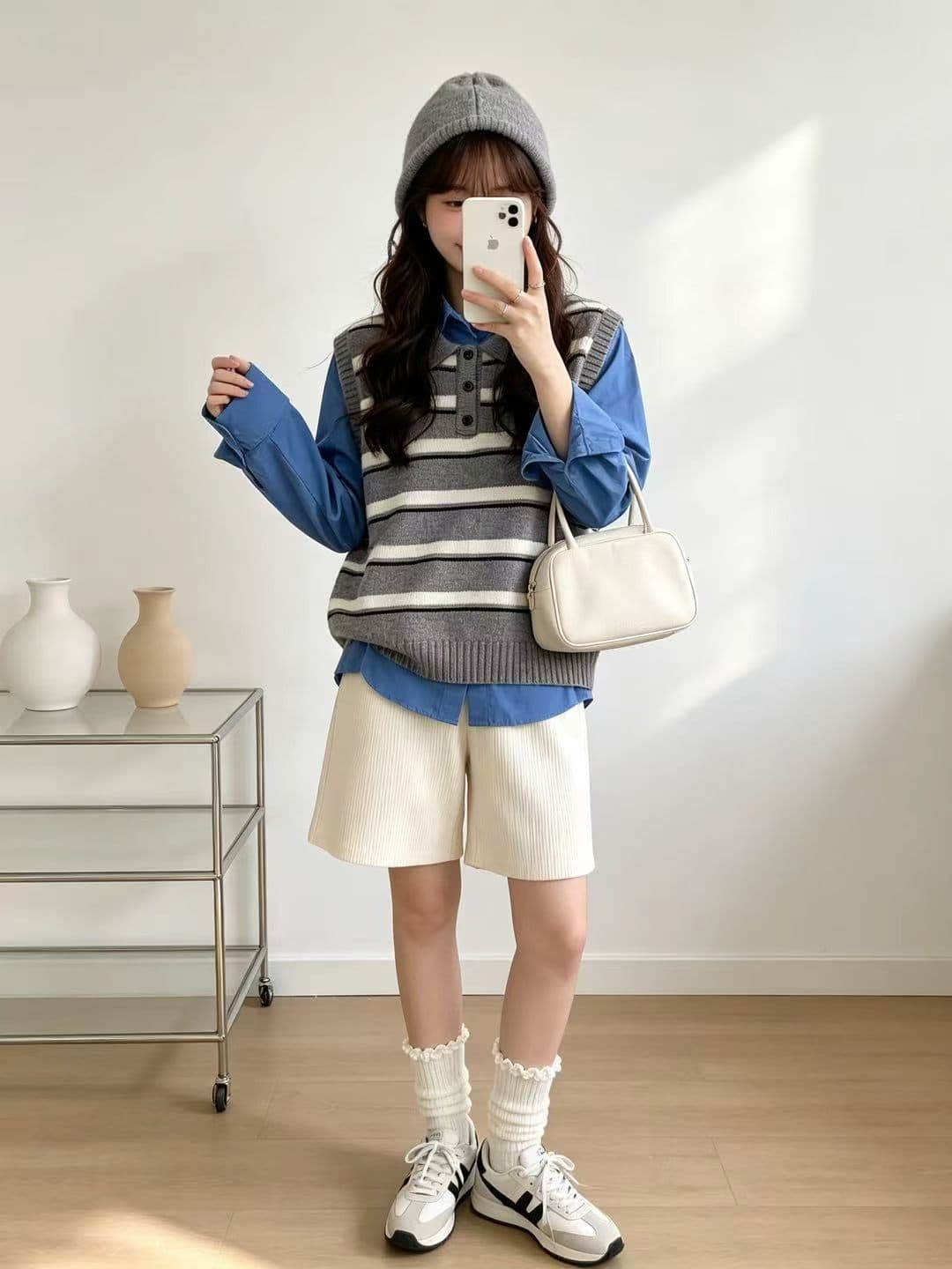한 부서 미니멀리즘 스트라이프 뒤집다 리더쉽 단추 니트 베스트 부드러운 배색 민소매 어깨 조끼 가을 겨울 새로운 상세 이미지 7