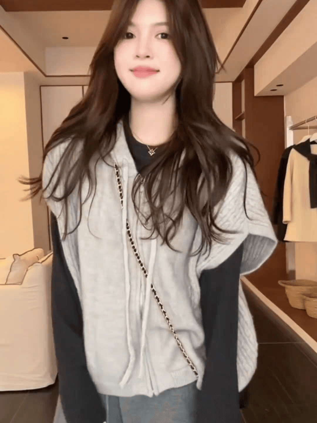 한국 동대문 가을 겨울 새로운 한 부서 지퍼 후드 니트 여성 코트 루즈핏 외출용 민소매 스웨터 조끼 상세 이미지 2