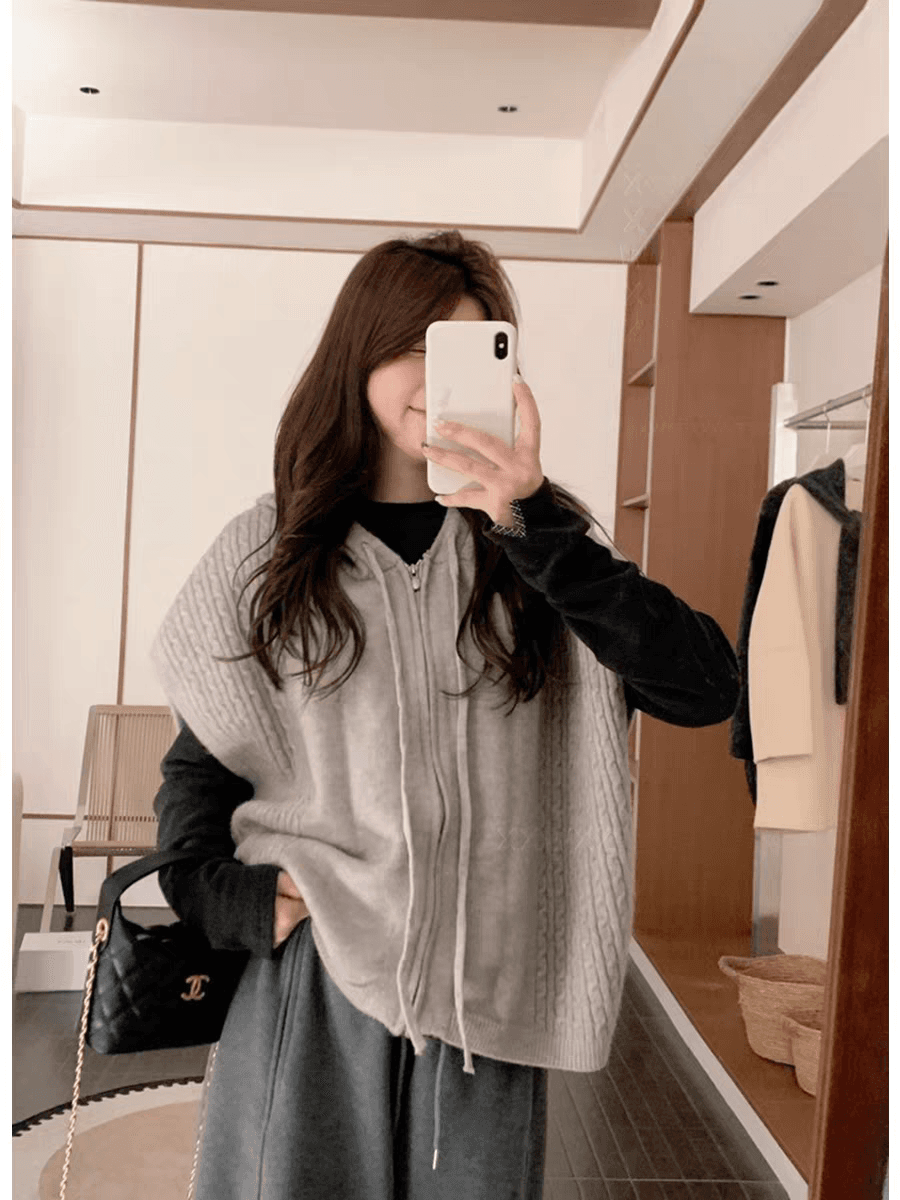 한국 동대문 가을 겨울 새로운 한 부서 지퍼 후드 니트 여성 코트 루즈핏 외출용 민소매 스웨터 조끼 상세 이미지 4