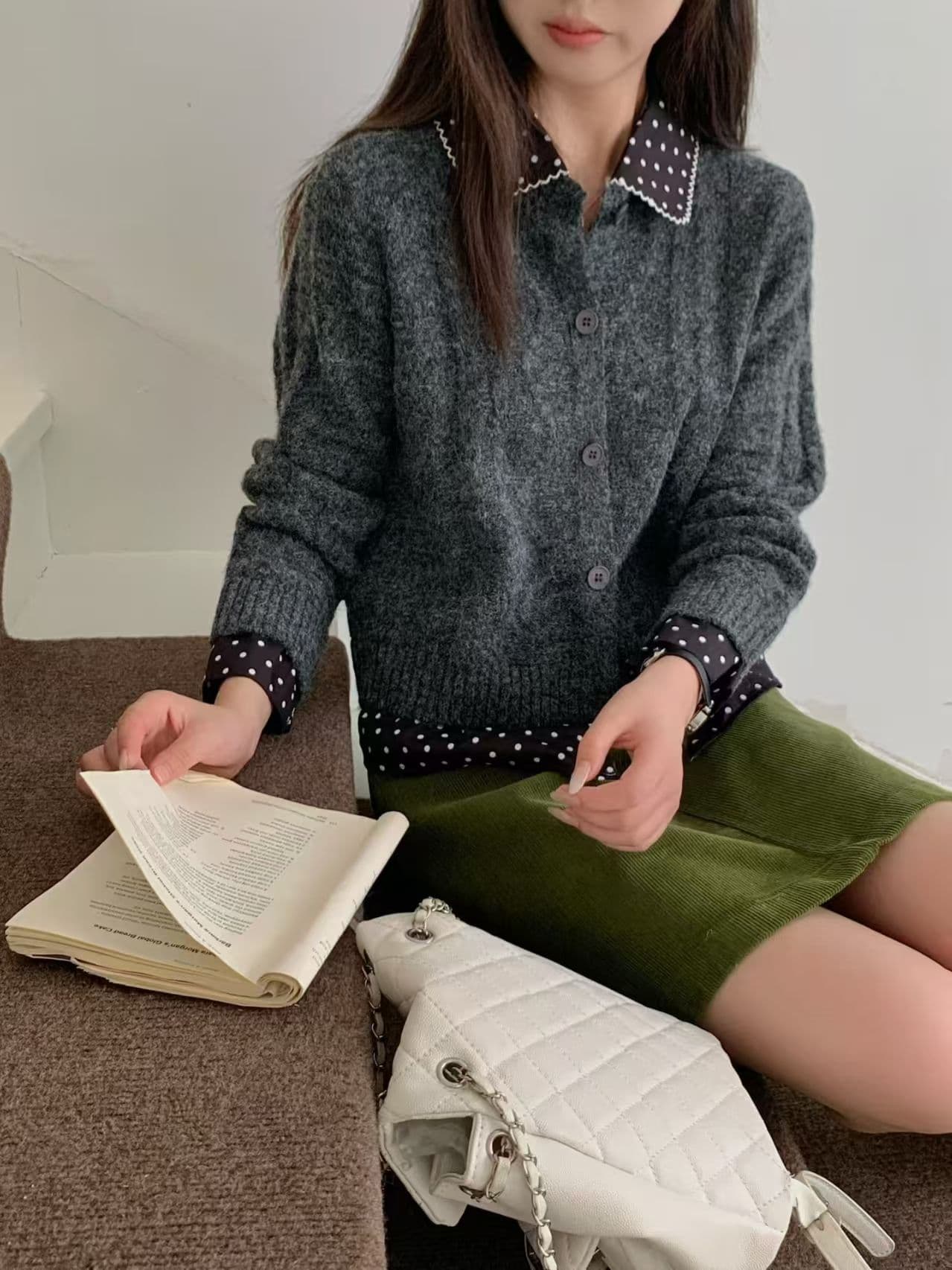 n 페이크 레이어드 레트로 도트 무늬 여성 코트 가을 겨울 새로운 마 무늬 스웨터 오픈 가디건 몸매 가꾸기 달콤한 차가운 맨위 상세 이미지 3