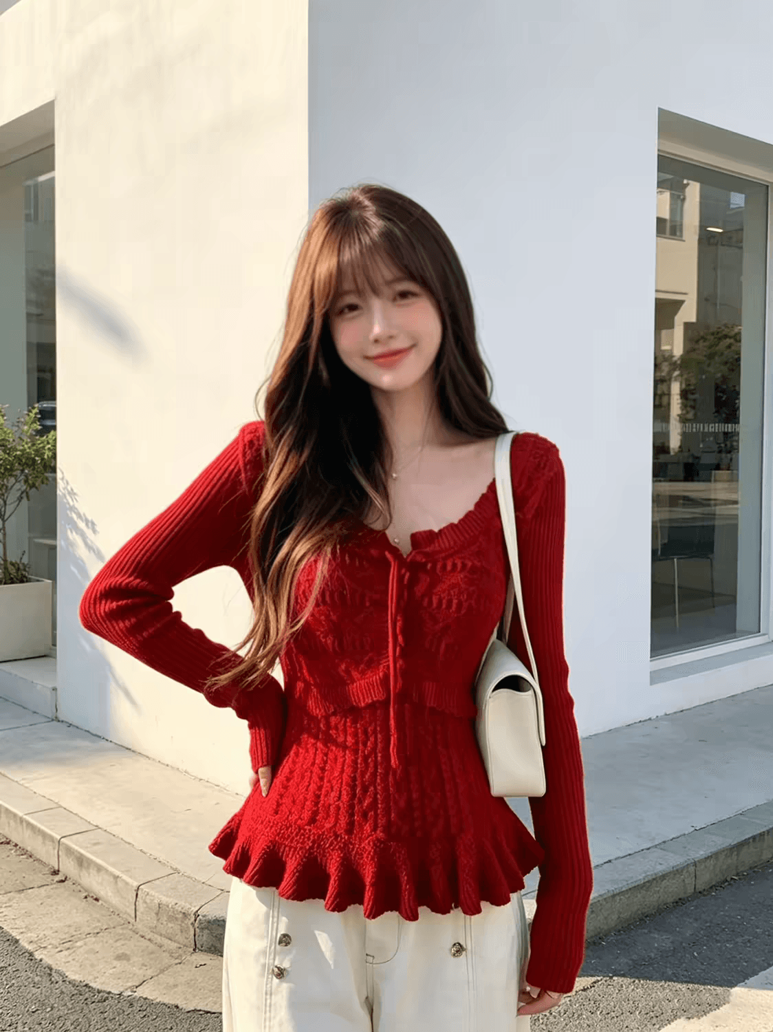 suuuicee 니켈 예 손 편지 이중층 니트 질감 패치워크 순수한 욕망 부서 벨트 측면 칼라 트위스트 꽃 풀오버 이미지 2