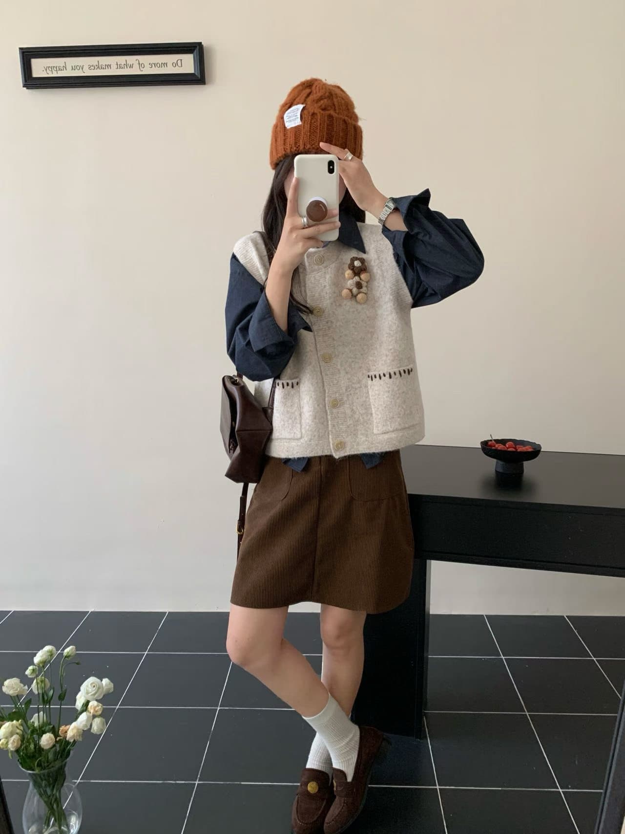 한 부서 3 차원 꽃 라운드 넥 스택 착용 니트 베스트 오픈 가디건 여자 가을 외부 가져 가라. 민소매 스웨터 조끼 어깨 상세 이미지 2