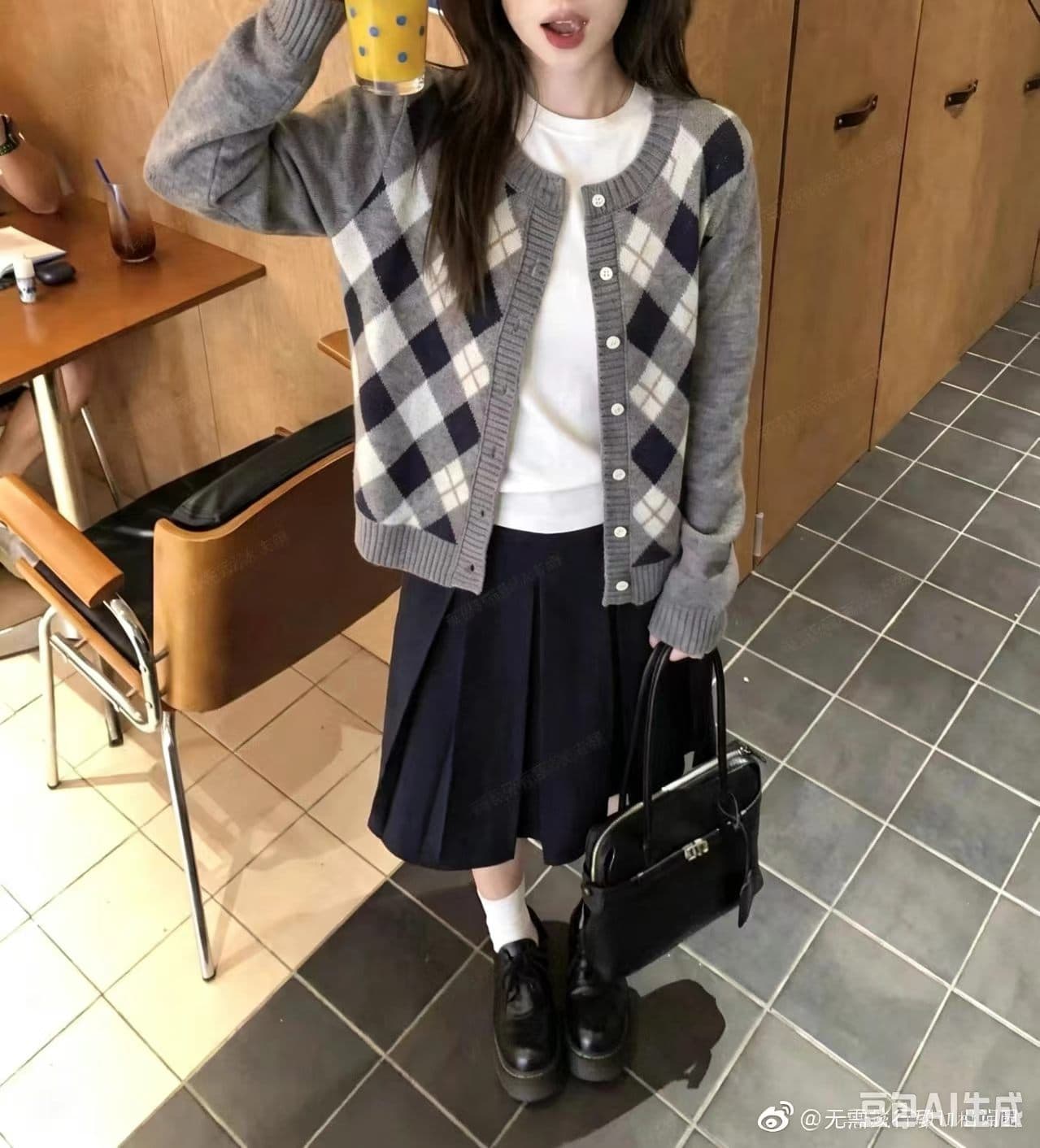 작은 샤넬 스타일 링 그리드 배색 니트 오픈 가디건 여성 학원 스타일 분위기 센스 연령 감소 쇼트 스타일 맨위