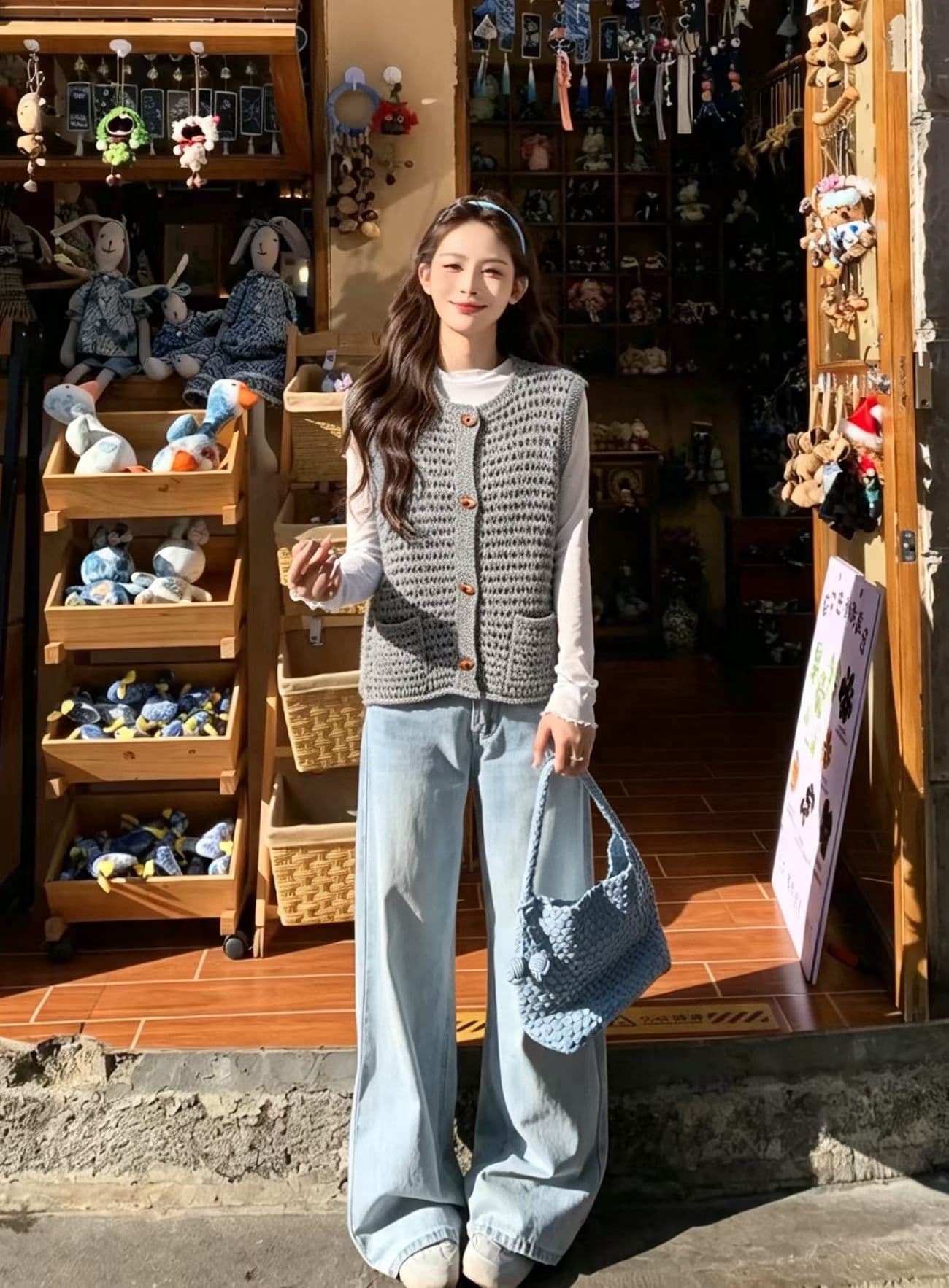 한 부서 두꺼운 바늘 소뿔 버클 어깨 니트 베스트 오픈 가디건 여성 루즈핏 두꺼운 스타일 스택 착용 스웨터 조끼 맨위 이미지 4