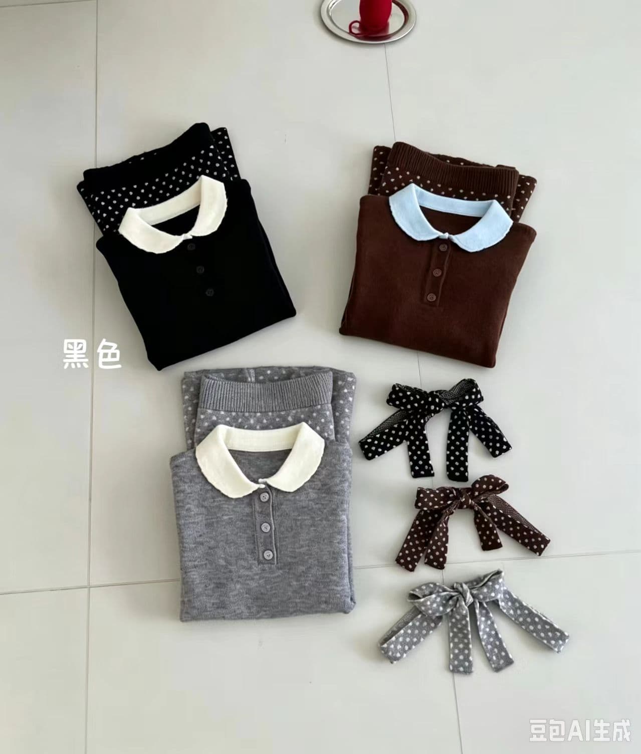 가을 켜기 새로운 한 부서 리본 양모 긴팔 니트 스웨터 도트 무늬 신축성 허리 한 마디 양모 반신 스커트 상세 이미지 7