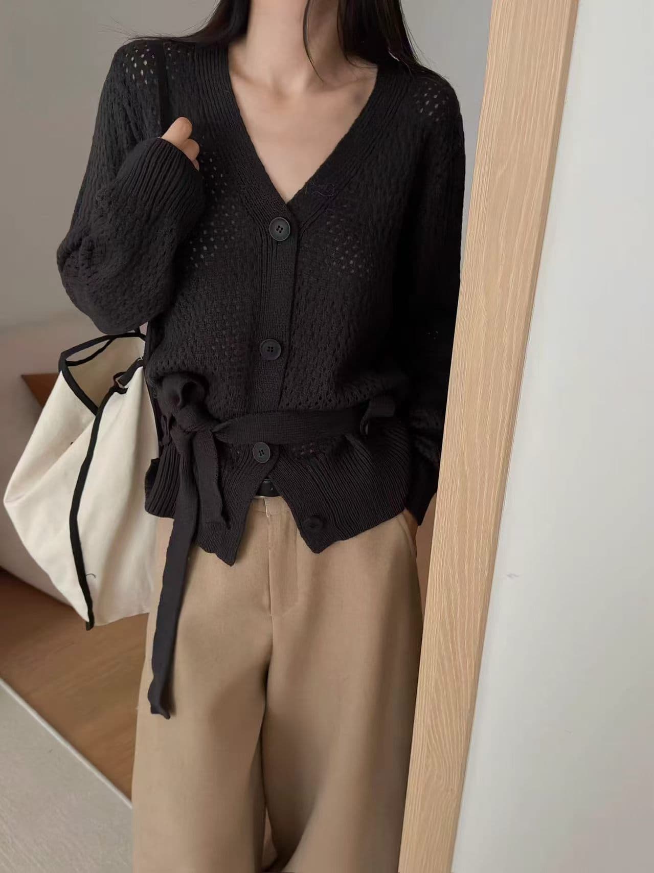 빛 요리 한 우아함 바람 V넥 허리 수축 레이스업 니트 오픈 가디건 여성 슬림해 보이는 품격 여성 의류 긴팔 여성 일반 섹션 스트랩 상세 이미지 8