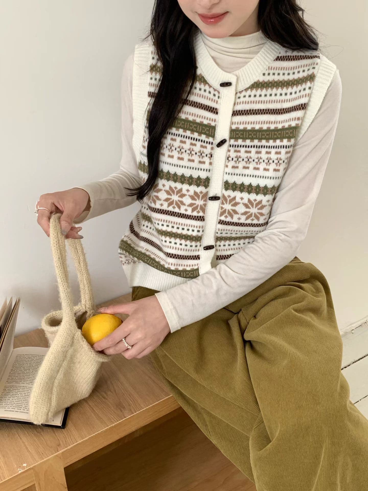 레트로 공정한 섬 자카드 민소매 니트 오픈 가디건 스웨터 여자 가을 어깨 베스트 조끼