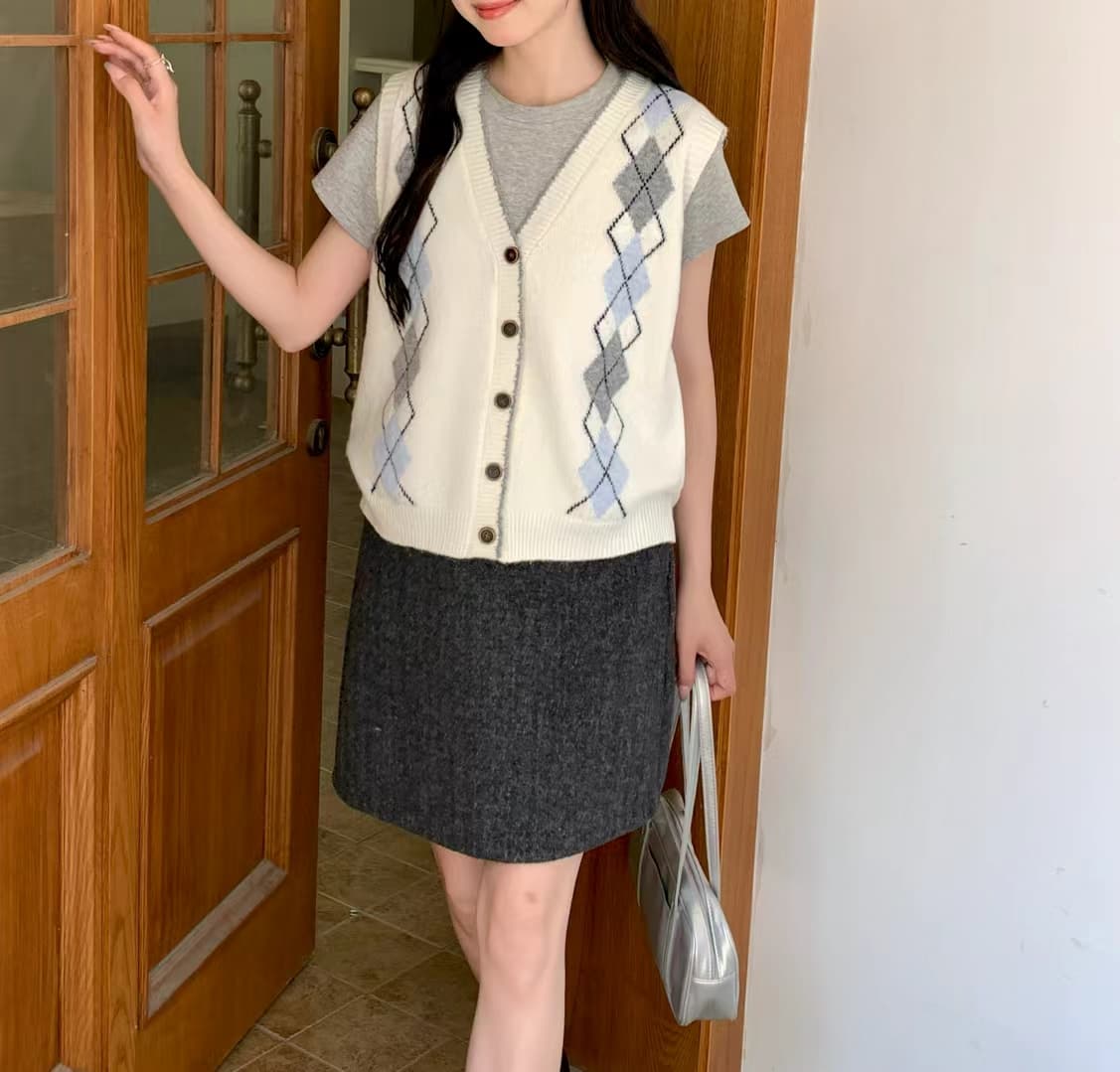 한 부서 느긋한 바람 배색 링 그리드 V넥 베스트 니트 조끼 여성 가을 루즈핏 스택 착용 스웨터 민소매 맨위 이미지 2