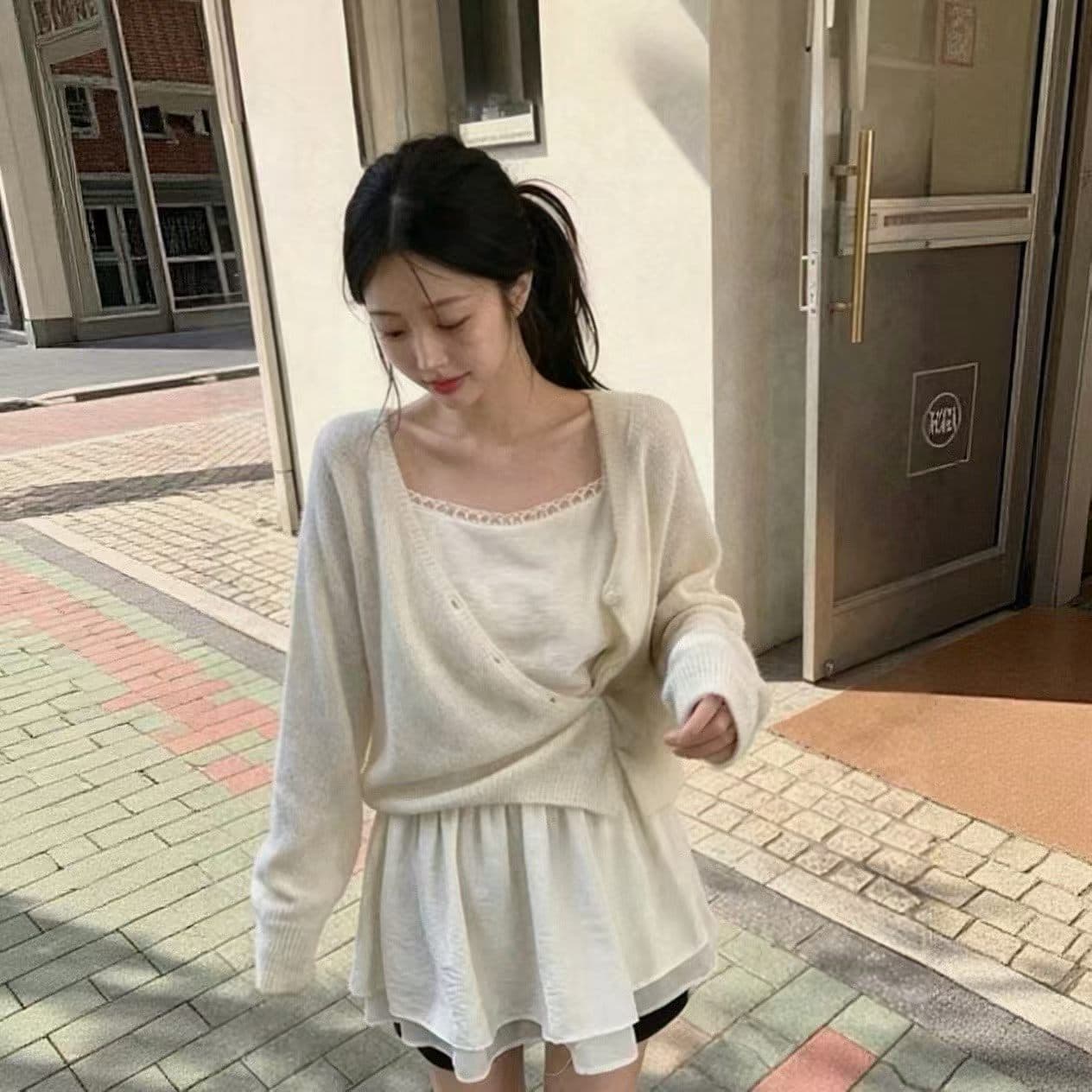 디자인 센스 한 부서 새로운 V넥 십자가 니트 오픈 가디건 여성 루즈핏 슬림해 보이는 다용도 스웨터 코트 맨위 트렌디 상세 이미지 5