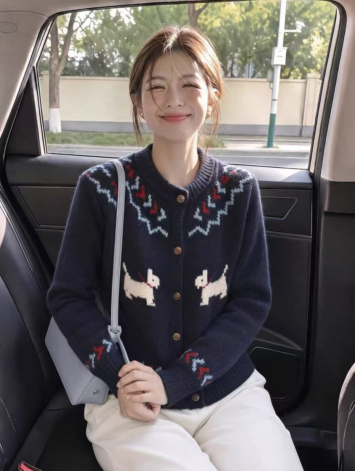 한 부서 만화 강아지 자카드 라운드 넥 싱글 줄 버튼 니트 맨위 여성 가을 겨울 루즈핏 슬림해 보이는 다용도 보온 스웨터 이미지 3