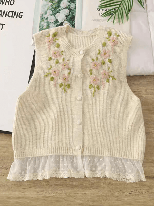 센 부서 레트로 소녀 바람 자수 꽃 니트 조끼 여자 라운드 넥 민소매 달콤함 레이스 조각 조끼 연령 감소