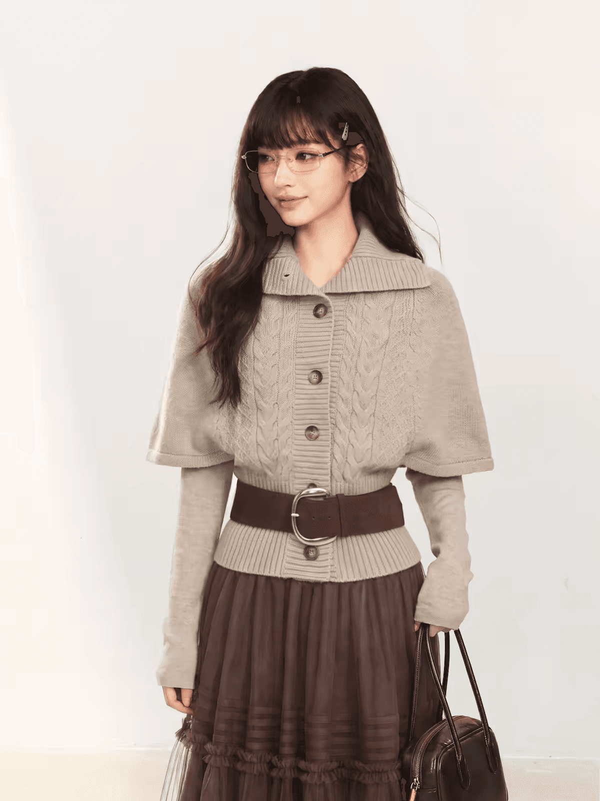 한 부서 빅 칼라 니트 오픈 가디건 스웨터 여성 코트 이른 가을 가을 착용 가져 가라. 중간 소매 쇼트 스타일 숄 망토 맨위 이미지 2
