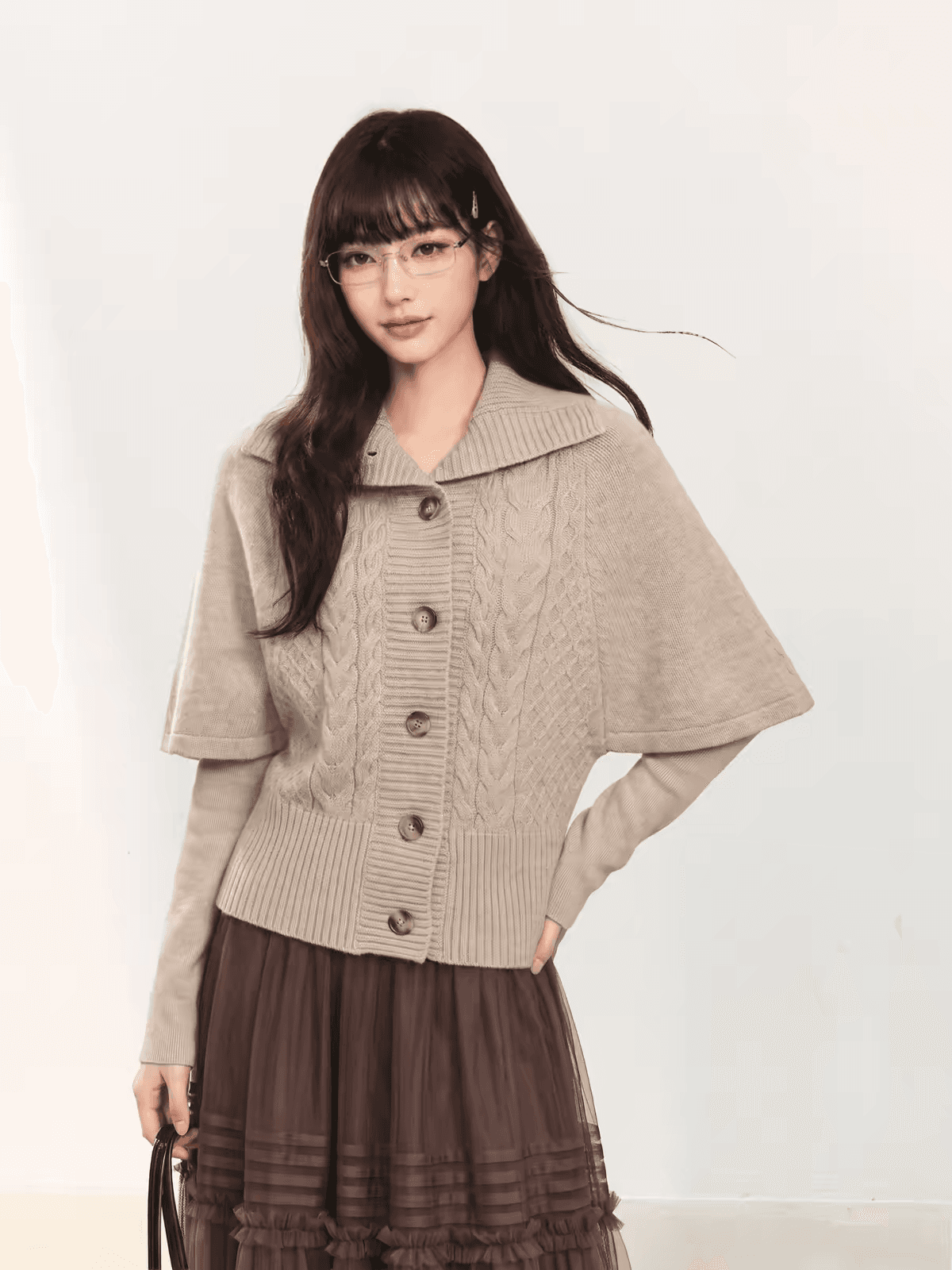 한 부서 빅 칼라 니트 오픈 가디건 스웨터 여성 코트 이른 가을 가을 착용 가져 가라. 중간 소매 쇼트 스타일 숄 망토 맨위 이미지 3