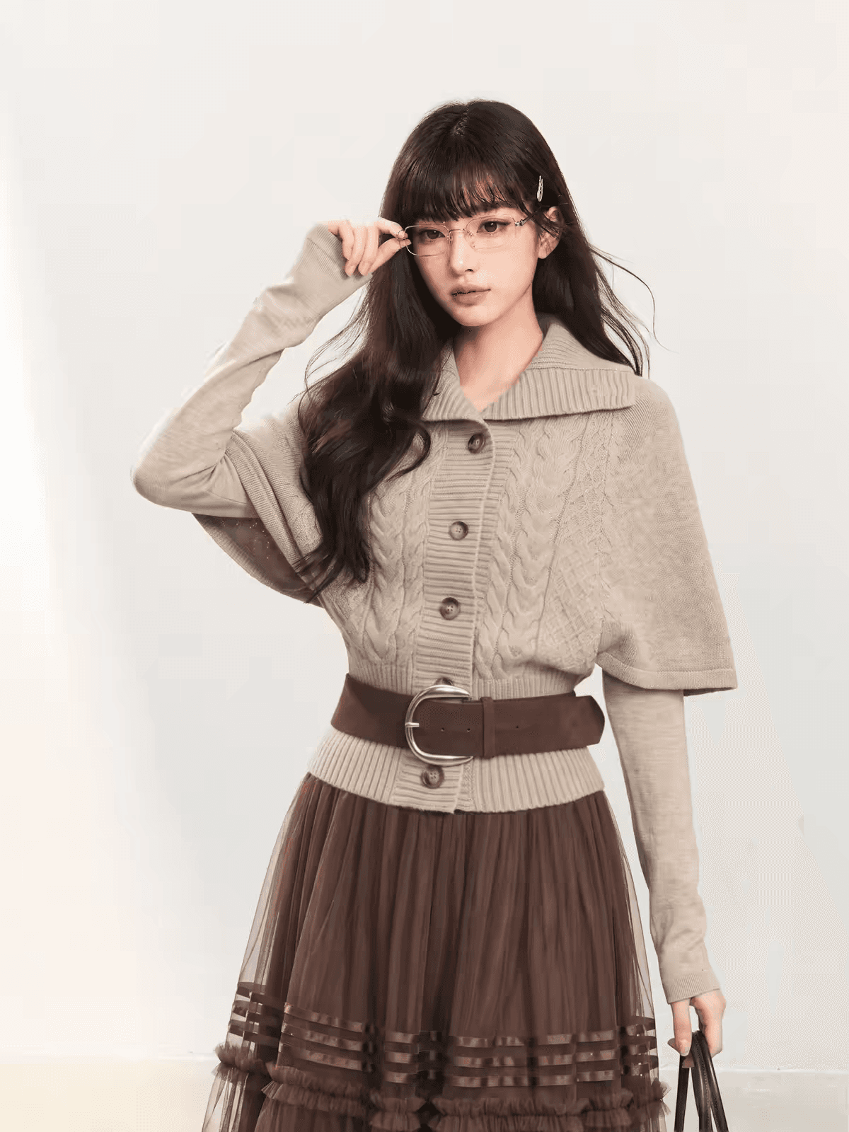 한 부서 빅 칼라 니트 오픈 가디건 스웨터 여성 코트 이른 가을 가을 착용 가져 가라. 중간 소매 쇼트 스타일 숄 망토 맨위 상세 이미지 1