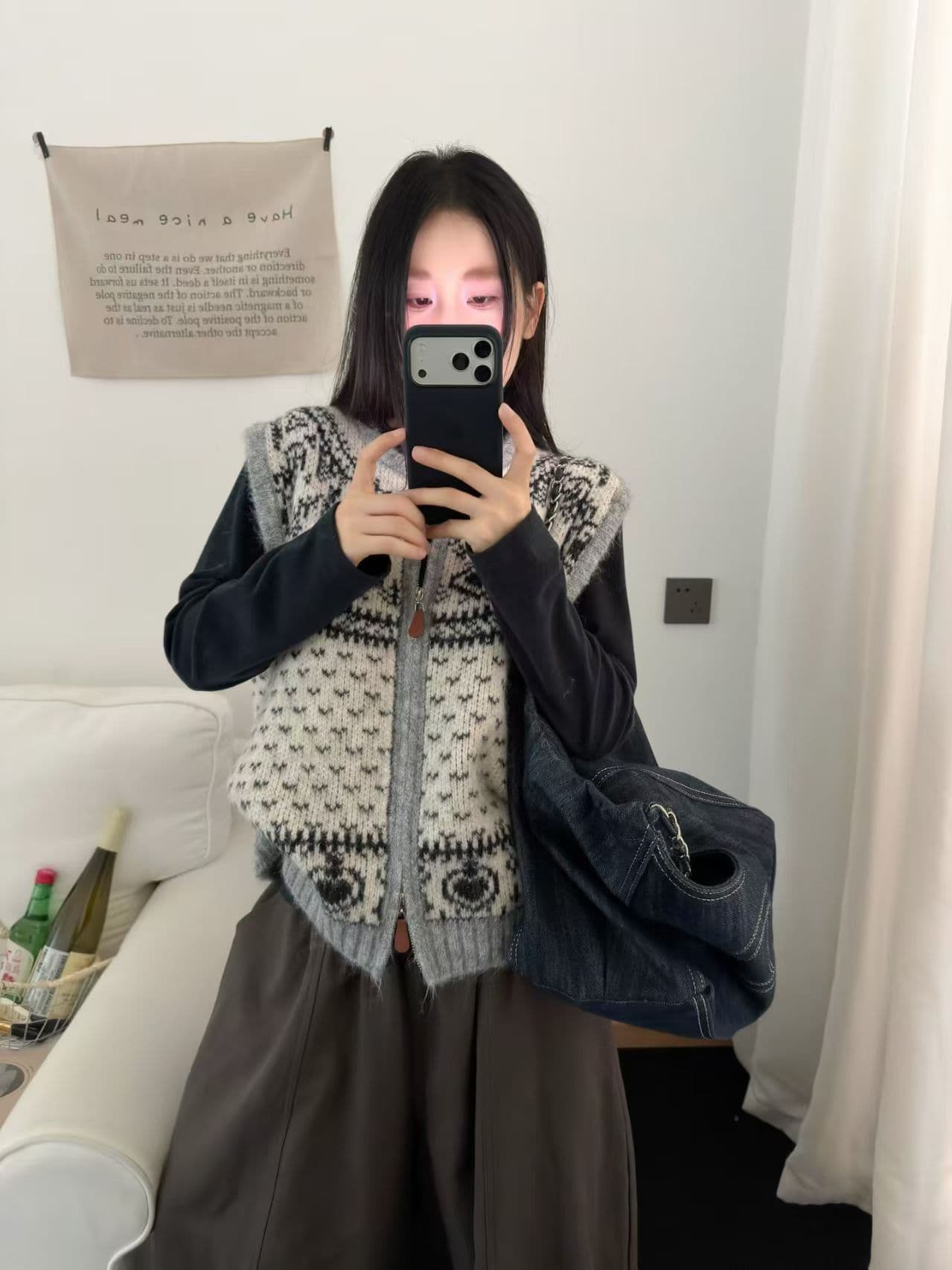 2026 새로운 레트로 공정한 섬 자카드 니트 조끼 여자 루즈핏 지퍼 Chic 스택 착용 어깨 조끼 자켓 상세 이미지 2