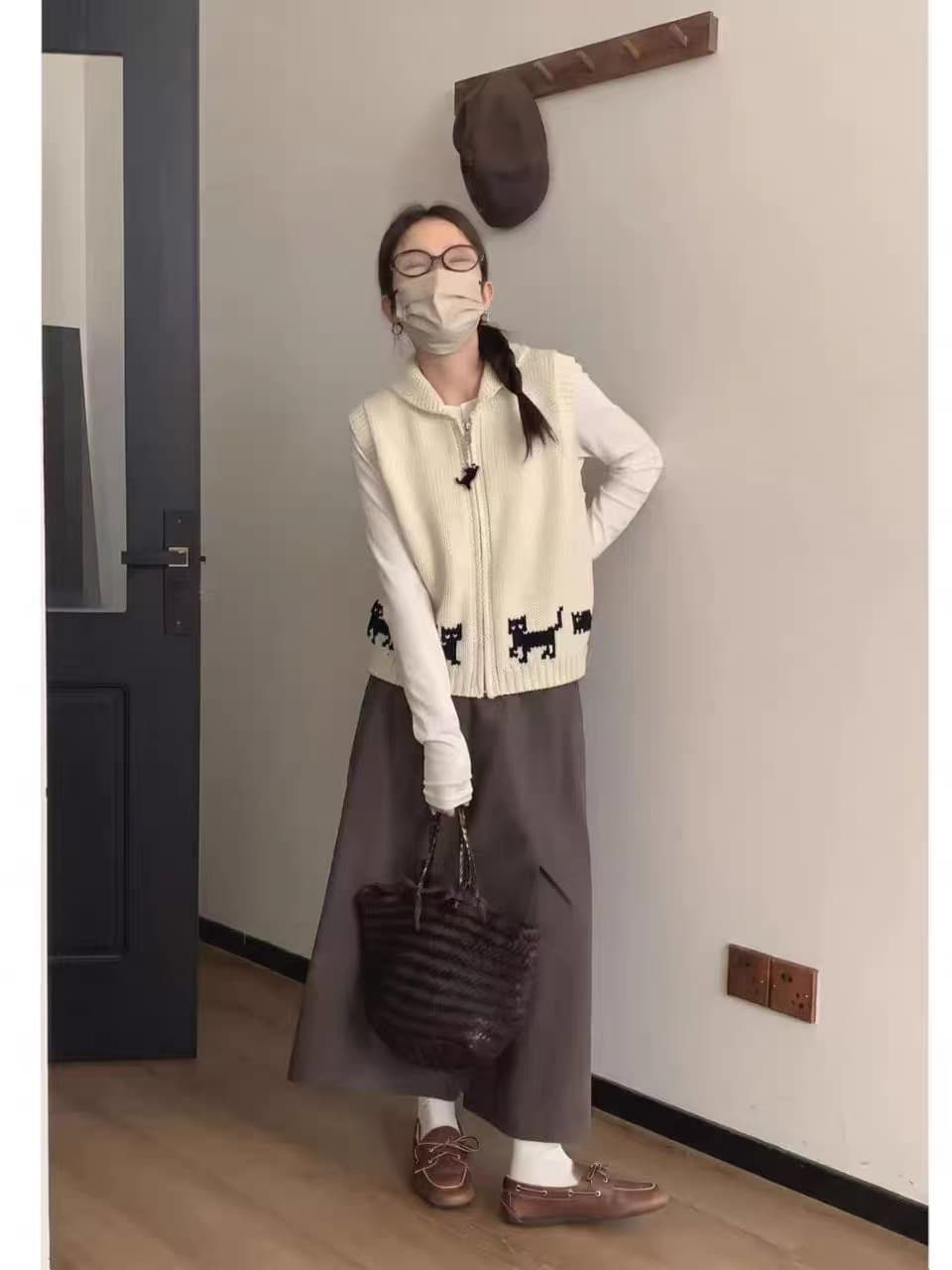 폴로 칼라 지퍼 오픈 가디건 자카드 니트 베스트 조끼 여성 가을 외출용 조끼 자이언트 잘 생긴 스택 착용 맨위 이미지 4