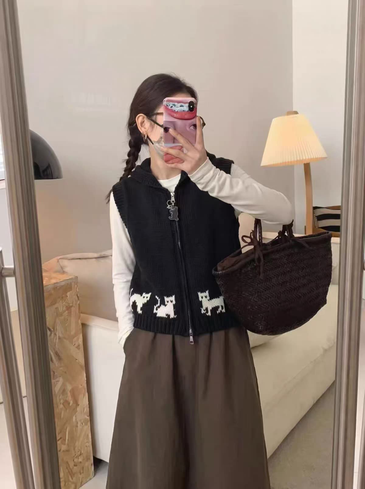 폴로 칼라 지퍼 오픈 가디건 자카드 니트 베스트 조끼 여성 가을 외출용 조끼 자이언트 잘 생긴 스택 착용 맨위 상세 이미지 3