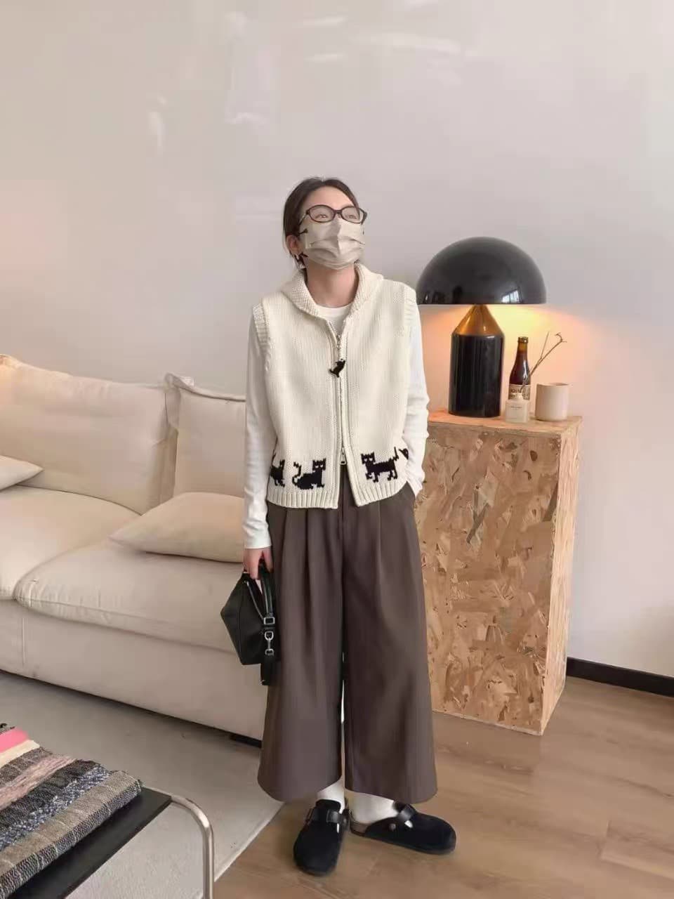 폴로 칼라 지퍼 오픈 가디건 자카드 니트 베스트 조끼 여성 가을 외출용 조끼 자이언트 잘 생긴 스택 착용 맨위 상세 이미지 7