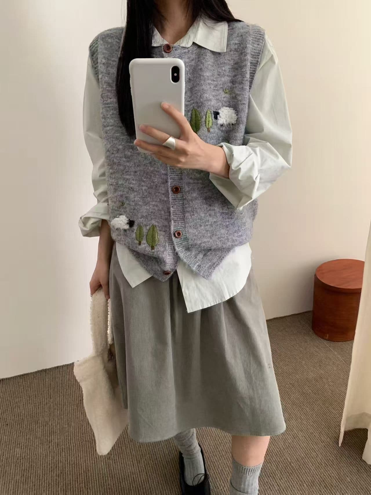 한 부서 수공 자수 니트 조끼 여자 라운드 넥 오픈 가디건 조끼 스택 착용 스웨터 코트 상세 이미지 9