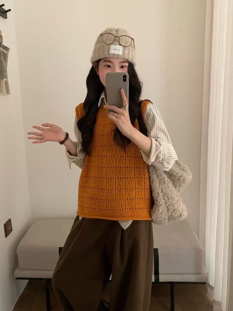 홀로우 아웃 부드러운 찹쌀 라운드 넥 스택 착용 가을 새로운 니트 조끼 여자 스택 착용 다용도 민소매 어깨 스웨터 조끼 이미지 2