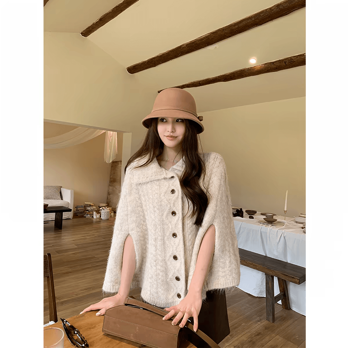 황색 곡물 1 종 yeahlou 망토 스웨터 여자 가을 겨울 새로운 프랑스식 레트로 다용도 니트 스웨터 재킷 맨위 이미지 2