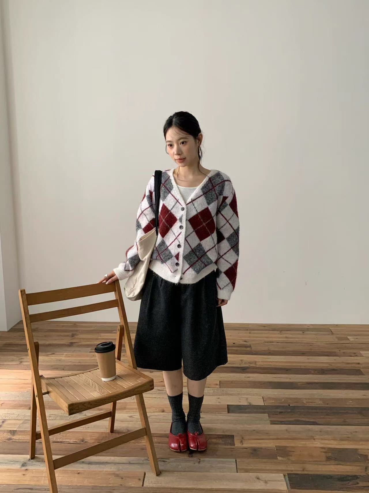 연령 감소 품격 링 그리드 패치워크 색상 V넥 니트 오픈 가디건 여성 부드러운 바람 슬림해 보이는 싱글 줄 버튼 스웨터 코트 상세 이미지 1