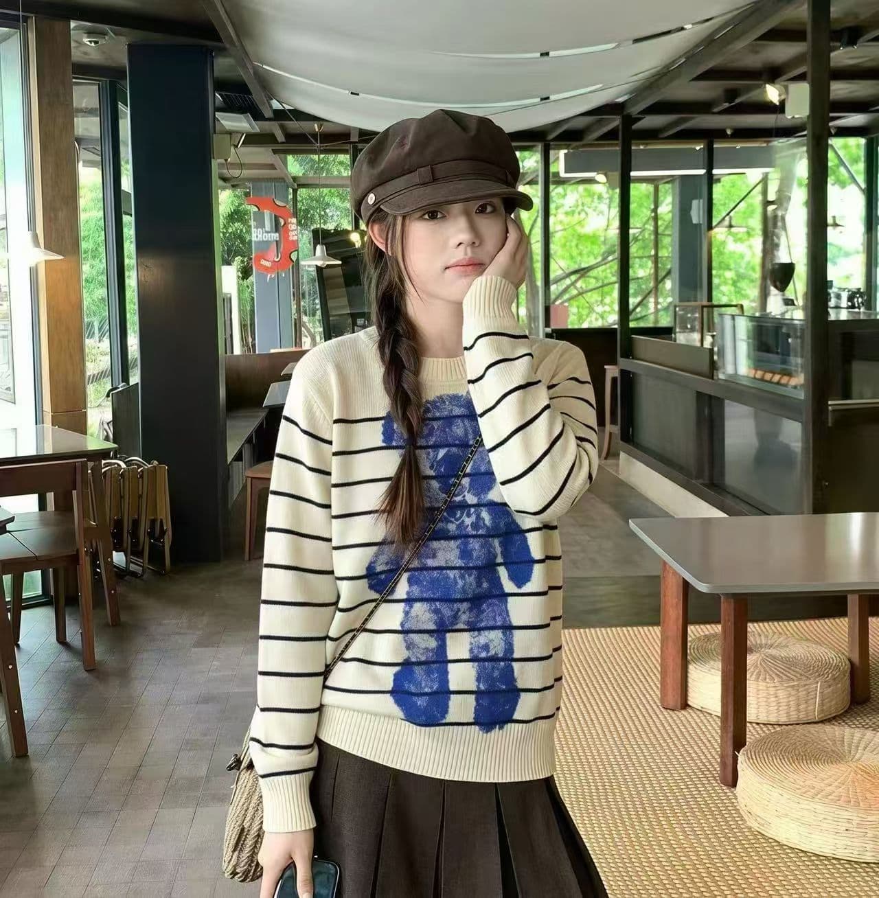 한 부서 만화 작은 곰 자카드 스트라이프 스웨터 여자 가을 루즈핏 느긋한 바람 부드러운 찹쌀 풀오버 니트 스웨터 이미지 2