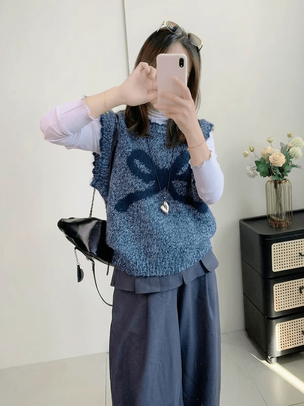 한 부서 나비 매듭 파란색 꽃 실 부드러운 찹쌀 스웨터 조끼 여성 루즈핏 봄 가을 스택 착용 부드러운 찹쌀 니트 베스트 맨위 이미지 2