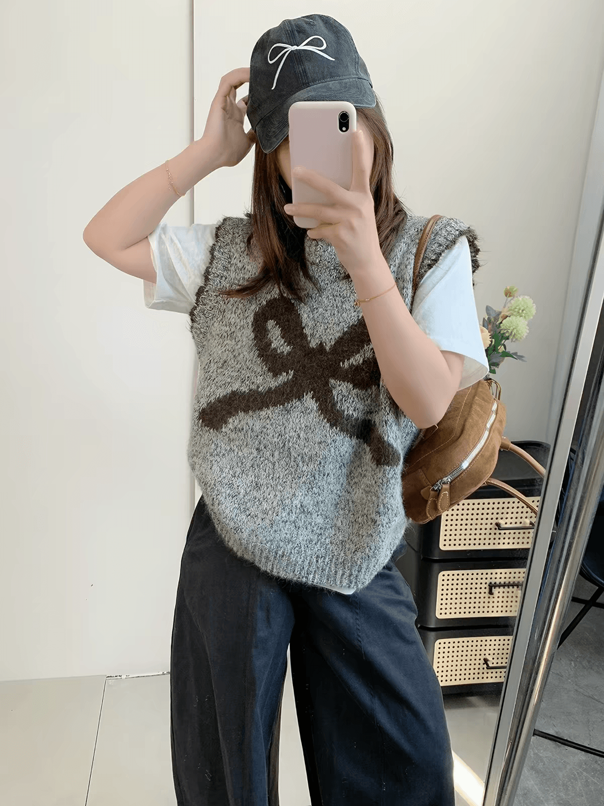 한 부서 나비 매듭 파란색 꽃 실 부드러운 찹쌀 스웨터 조끼 여성 루즈핏 봄 가을 스택 착용 부드러운 찹쌀 니트 베스트 맨위 이미지 3