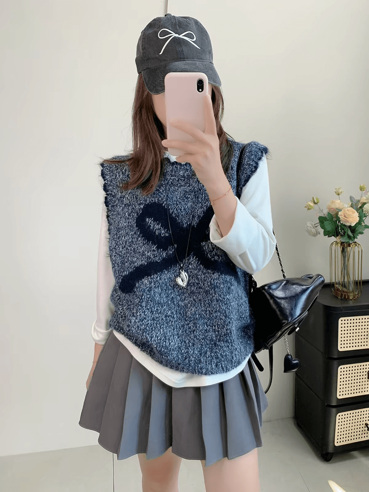 한 부서 나비 매듭 파란색 꽃 실 부드러운 찹쌀 스웨터 조끼 여성 루즈핏 봄 가을 스택 착용 부드러운 찹쌀 니트 베스트 맨위 이미지 4