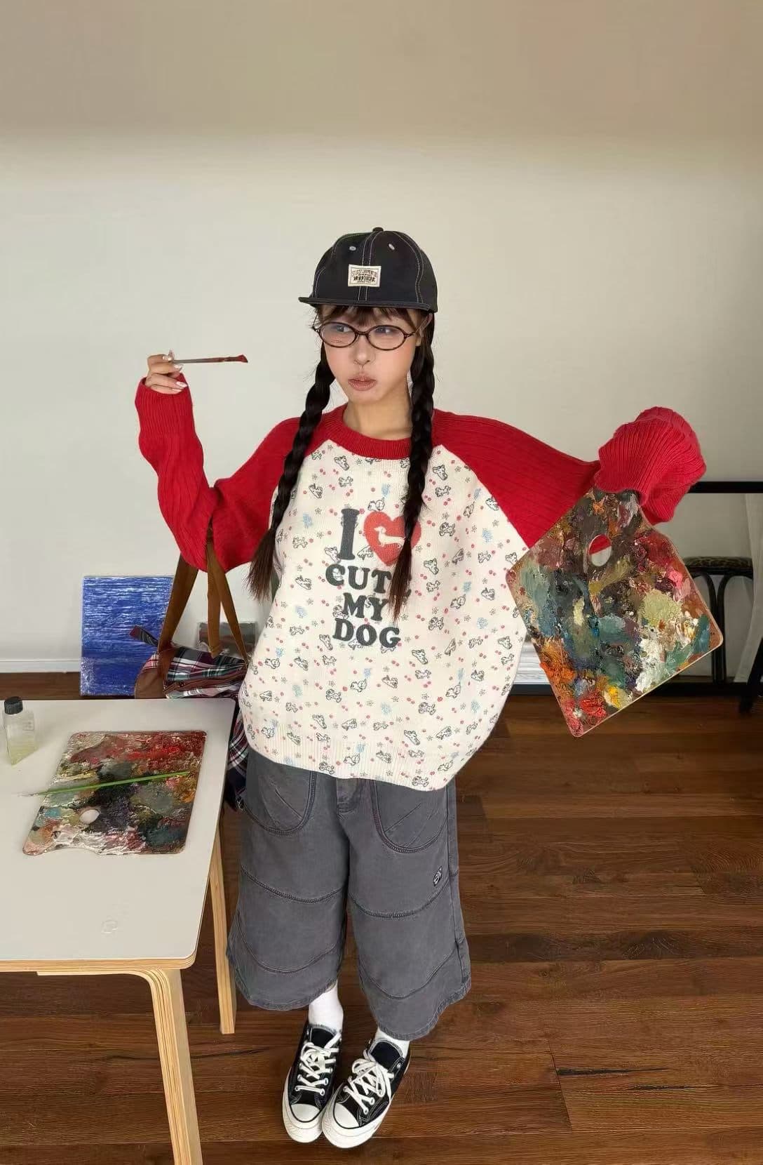 아메리칸 사랑 강아지 자카드 배색 삽입 어깨 소매 스웨터 남녀 루즈핏 캐주얼 다용도 가을 겨울 맨위 상세 이미지 3