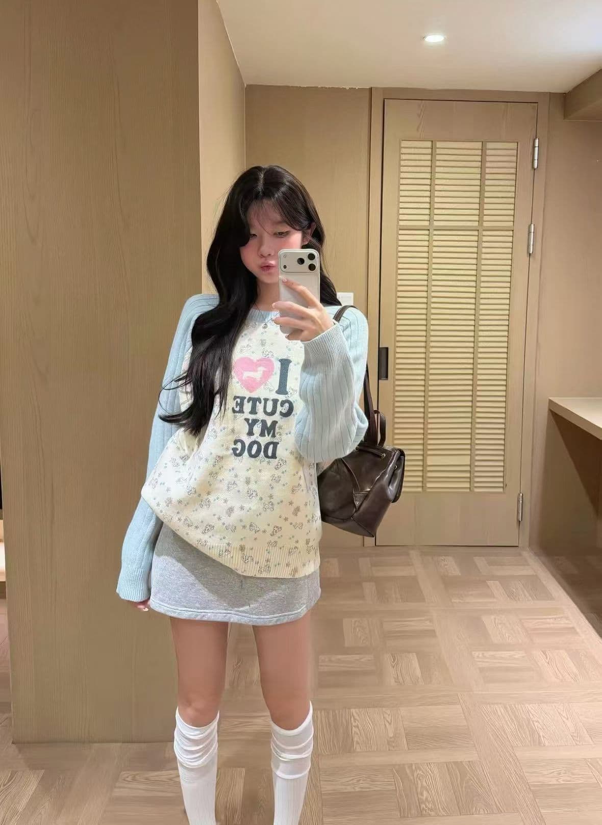 아메리칸 사랑 강아지 자카드 배색 삽입 어깨 소매 스웨터 남녀 루즈핏 캐주얼 다용도 가을 겨울 맨위 상세 이미지 5