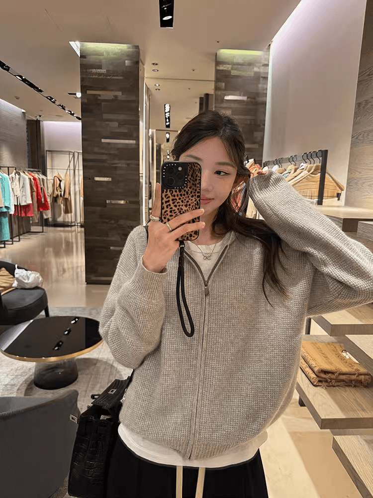 장 베이 베이 ibell 한 부서 루즈핏 슬림해 보이는 3 차원 후아 남편 그리드 후드 오픈 가디건 여성 레저 다용도 양모 재킷 상세 이미지 1