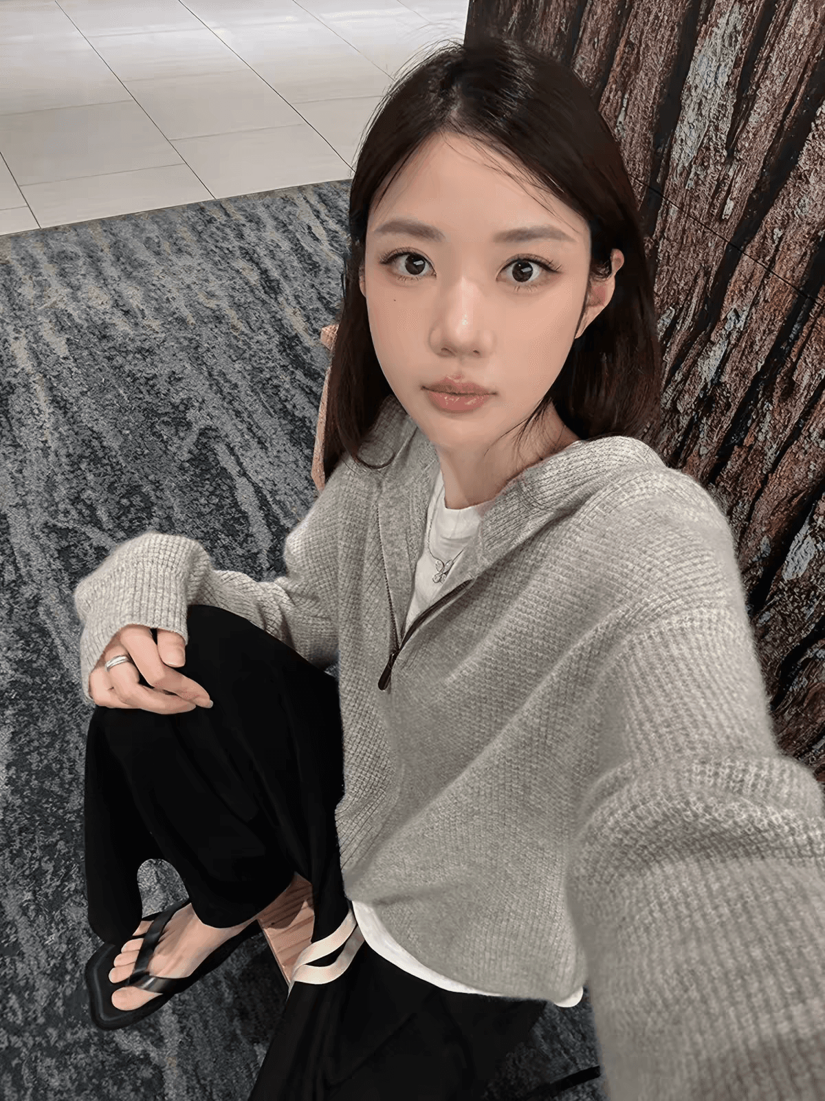 장 베이 베이 ibell 한 부서 루즈핏 슬림해 보이는 3 차원 후아 남편 그리드 후드 오픈 가디건 여성 레저 다용도 양모 재킷 상세 이미지 2