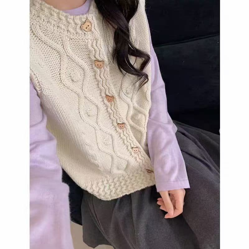 레트로 꽈배기 니트 베스트 조끼 여성 봄 가을 스택 착용 외부 가져 가라. 루즈핏 스웨터 어깨 디자인 센스 민소매 맨위 이미지 2