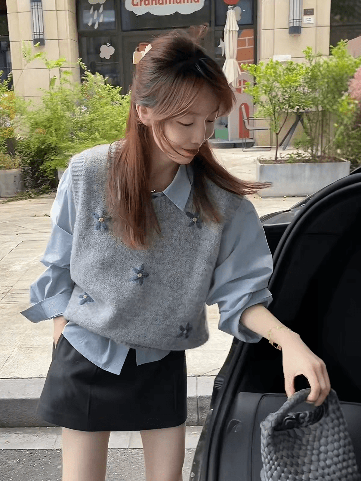 프랑스식 회색 자카드 니트 민소매 어깨 조끼 여자 조기 가을 스택 착용 쇼트 스타일 스웨터 조끼 맨위 외부 가져 가라.