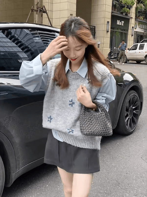 프랑스식 회색 자카드 니트 민소매 어깨 조끼 여자 조기 가을 스택 착용 쇼트 스타일 스웨터 조끼 맨위 외부 가져 가라. 상세 이미지 3
