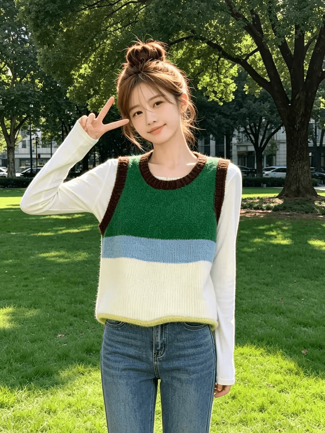 한 부서 배색 스트라이프 니트 조끼 여자 이른 가을 부드러운 찹쌀 플리스 스택 착용 루즈핏 슬림해 보이는 라운드 넥 민소매 조끼 섹션 이미지 4