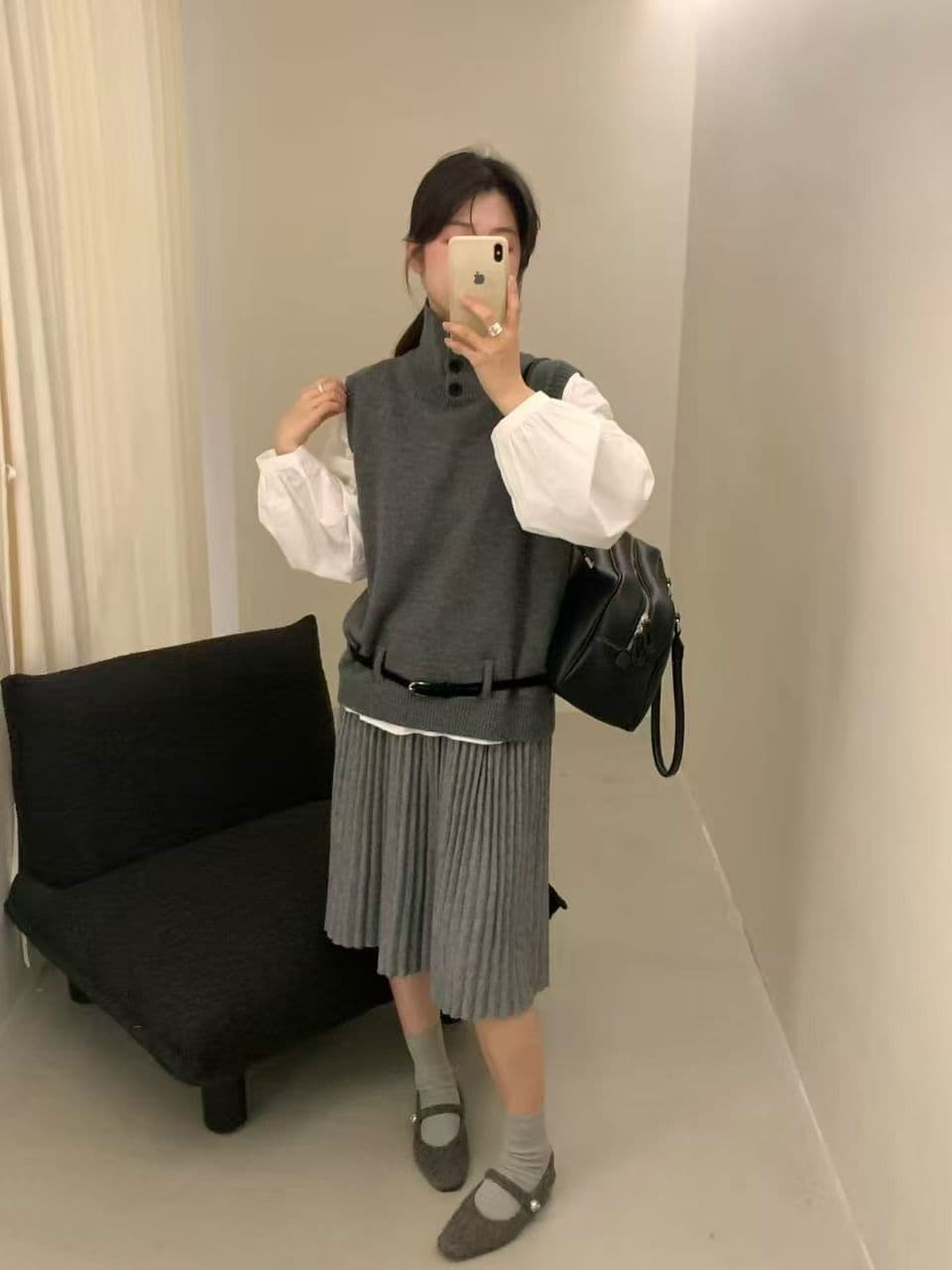 벨트 포함 디자인 고급 센스 폴로 칼라 단추 스웨터 베스트 조끼 여성 민소매 니트 베스트 상세 이미지 3