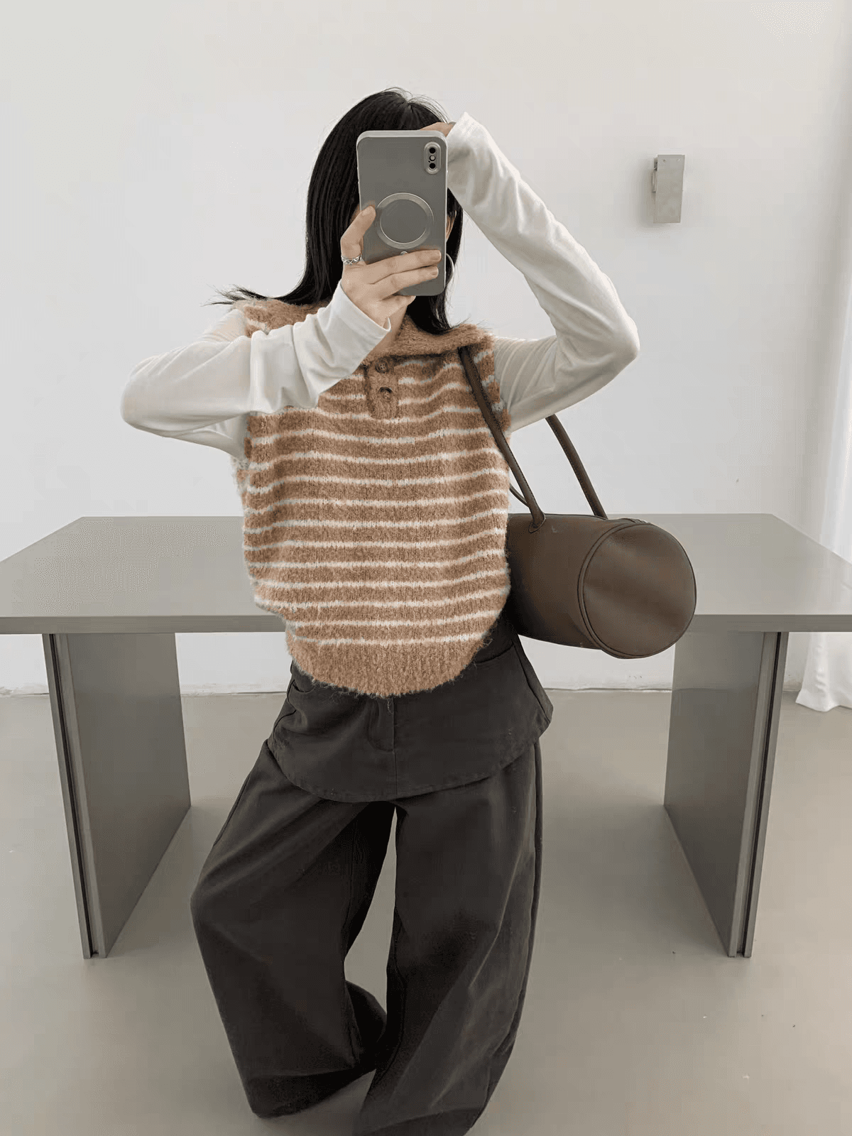 한 부서 POLO 칼라 스트라이프 루즈핏 니트 조끼 여성 가을 새로운 고유 한 아름다운 부서 버클 스택 착용 스웨터 베스트 상세 이미지 5