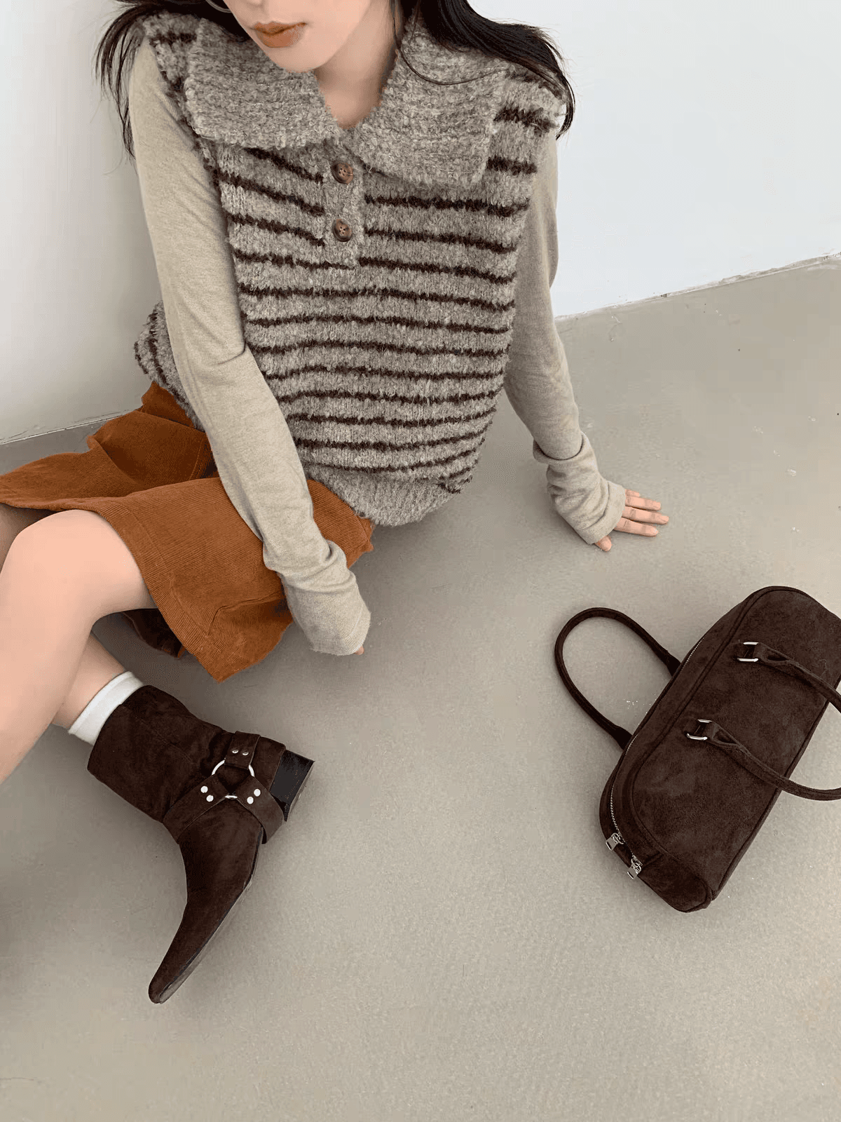 한 부서 POLO 칼라 스트라이프 루즈핏 니트 조끼 여성 가을 새로운 고유 한 아름다운 부서 버클 스택 착용 스웨터 베스트 상세 이미지 14