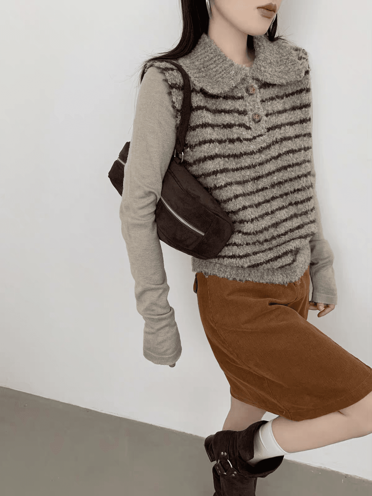 한 부서 POLO 칼라 스트라이프 루즈핏 니트 조끼 여성 가을 새로운 고유 한 아름다운 부서 버클 스택 착용 스웨터 베스트 상세 이미지 15