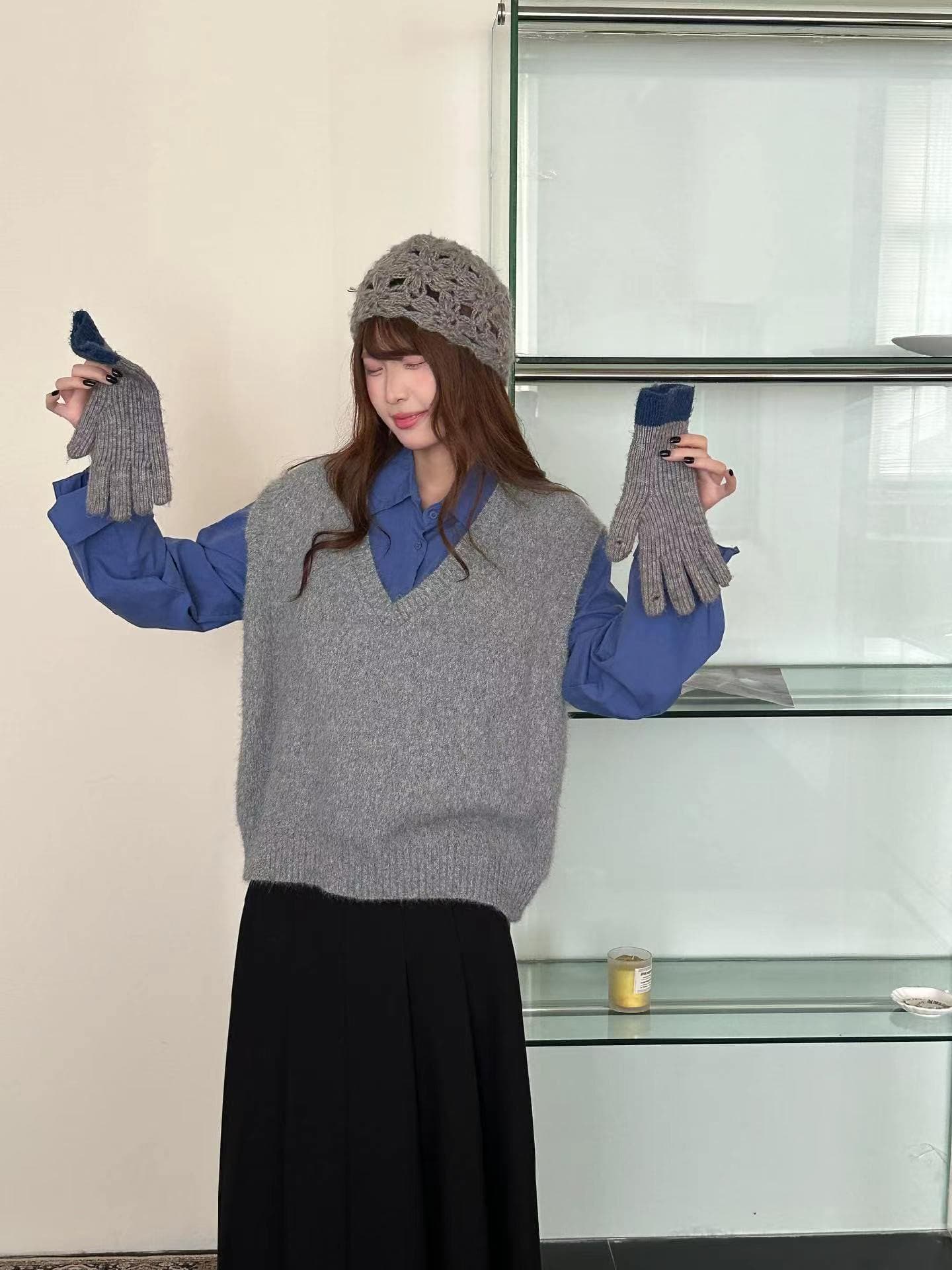 한 부서 회색 부드러운 찹쌀 V넥 베스트 조끼 여성 봄 가을 새로운 느긋한 바람 슬림해 보이는 스택 착용 다용도 어깨 맨위 이미지 4