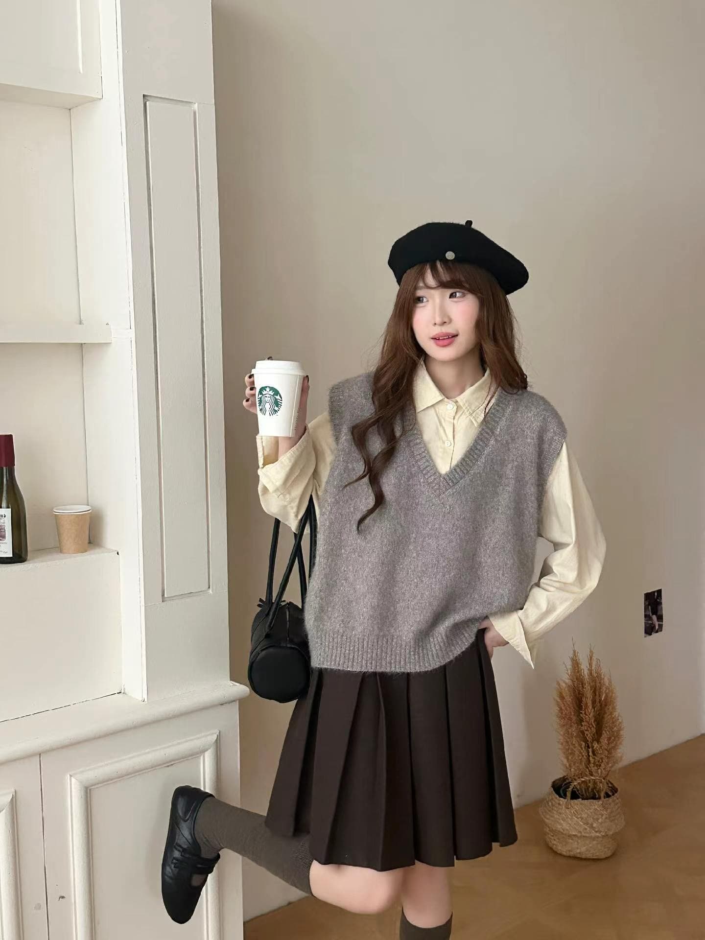 한 부서 회색 부드러운 찹쌀 V넥 베스트 조끼 여성 봄 가을 새로운 느긋한 바람 슬림해 보이는 스택 착용 다용도 어깨 맨위 상세 이미지 4