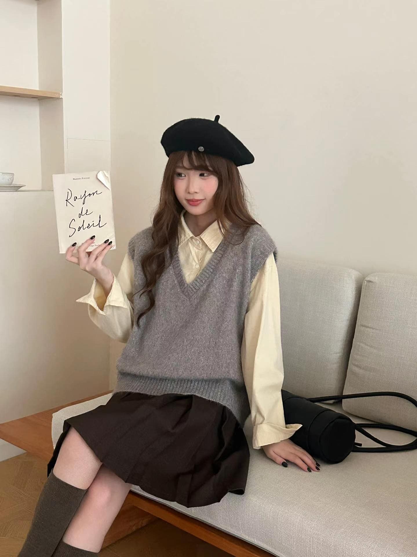 한 부서 회색 부드러운 찹쌀 V넥 베스트 조끼 여성 봄 가을 새로운 느긋한 바람 슬림해 보이는 스택 착용 다용도 어깨 맨위 상세 이미지 5