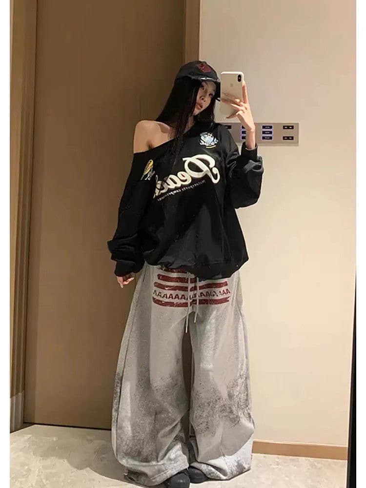 봄과 가을 비스듬한 칼라 남자 바 면 이후 패키지 칼라 알파벳 프린트 긴팔 루즈핏 후드티 맨위 여성 이미지 3