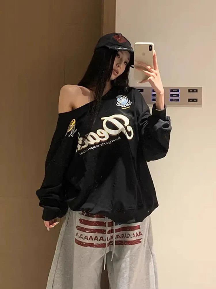 봄과 가을 비스듬한 칼라 남자 바 면 이후 패키지 칼라 알파벳 프린트 긴팔 루즈핏 후드티 맨위 여성 이미지 4