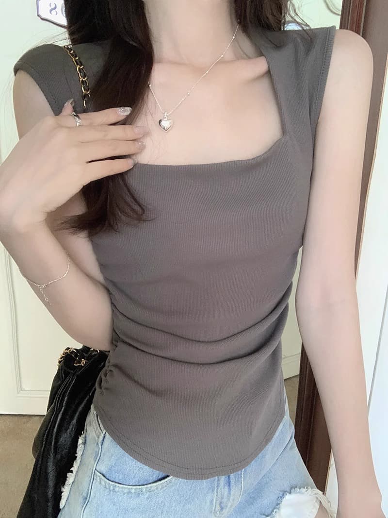40 순면 95 면 5 암모니아 Lun 오프숄더 광장 칼라 티셔츠 여성 여름 프랑스식 심장 기계 작은 대중 슬림해 보이는 맨위 이미지 4