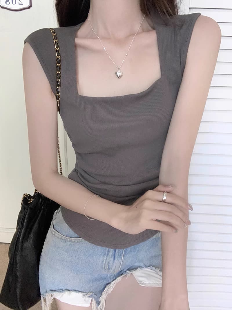 40 순면 95 면 5 암모니아 Lun 오프숄더 광장 칼라 티셔츠 여성 여름 프랑스식 심장 기계 작은 대중 슬림해 보이는 맨위 상세 이미지 6